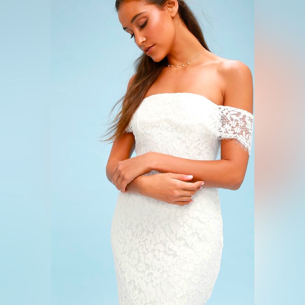 NWT Lulu’s Romantic Heart White Lace Off-the-Shoulder Maxi Dress